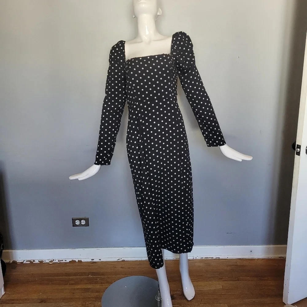 Lulus Charmed and Classy Black Polka Dot Long Sleeve Midi Dress, VGUC, Size M - Picture 2 of 10